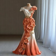 Ombre Orange White Mermaid Evening Gown One‑Shoulder 3DFloral Formal Party Dress