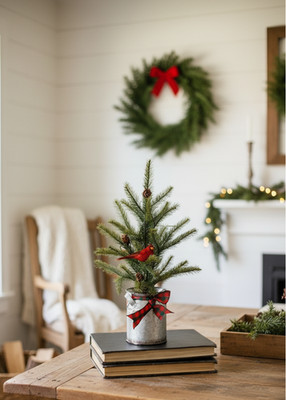 Primitive/Country Christmas Tabletop Evergreen Tree in Milk Can/Cardinal Bird