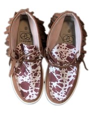 Womens 6 Moccasin Ankle Boot Cowhide Print Hand Made Fringe Brown Indian Tribal
