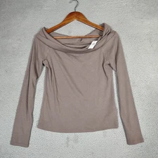 Gap Top Women Medium Taupe Ribbed Knit Stretch Long Sleeve Cowl Neck Classic NWT