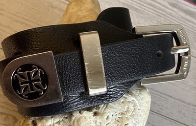 Rustic Cuff Silver Tone Logos Design,Black Leather Wrap Bracelet