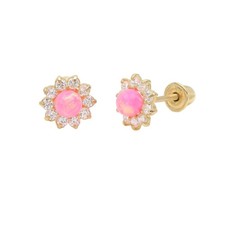 Pink Baby Earrings Solid 14k Gold Screw Protective Backs Infant Flower Earring