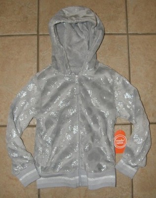 NEW Girls Sz XS (4-5) Sparkly Silver Hearts Soft Plush Full Zip Hooded Jacket