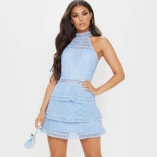Pretty Baby Blue Crochet Dress Pretty Little Thing Size 8 Summer Halterneck