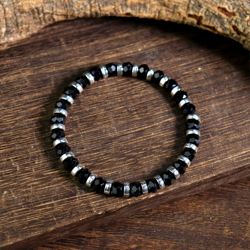 Мужской черный оникс и нержавеющая сталь 4 мм бисером панк браслет изящный ювелирных изделий подарок - Изображение 3 из 4