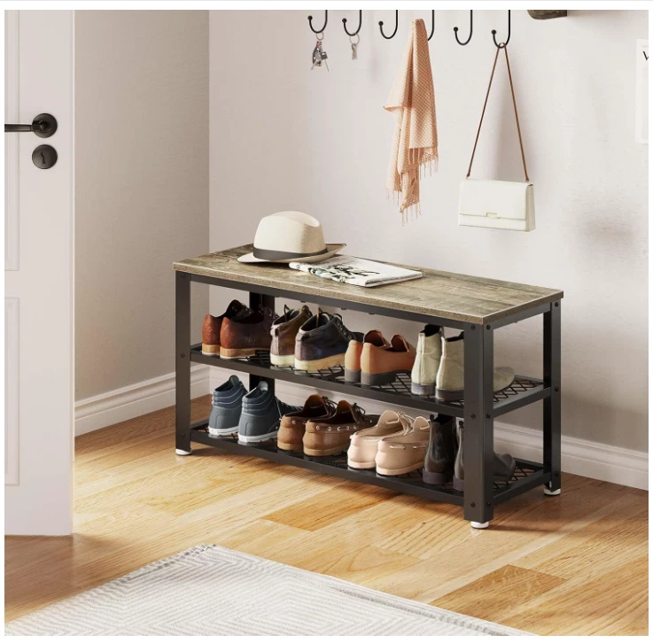 Zapatero, Estante de 3 Niveles, Asiento de Madera con Estantes de Malla, Marco de Acero Gris, 28.7" Foto 4 de 4