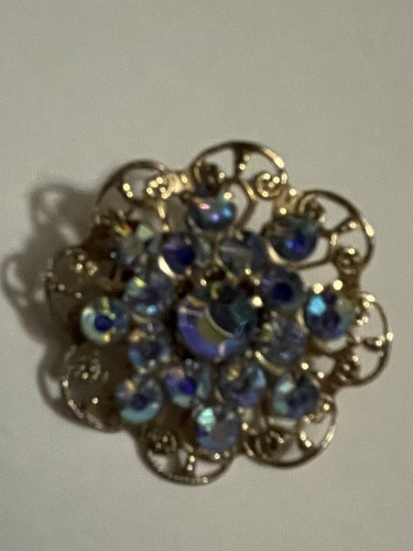 Gold Tone Round Ruffle Edge Brooch Iridescent Jewels Quarter Sized Vintage EUC - Picture 5 of 8