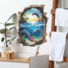 3D Wandbild Wandtattoo Mauerloch Delphine Ozean Aufkleber Tiere Badezimmer