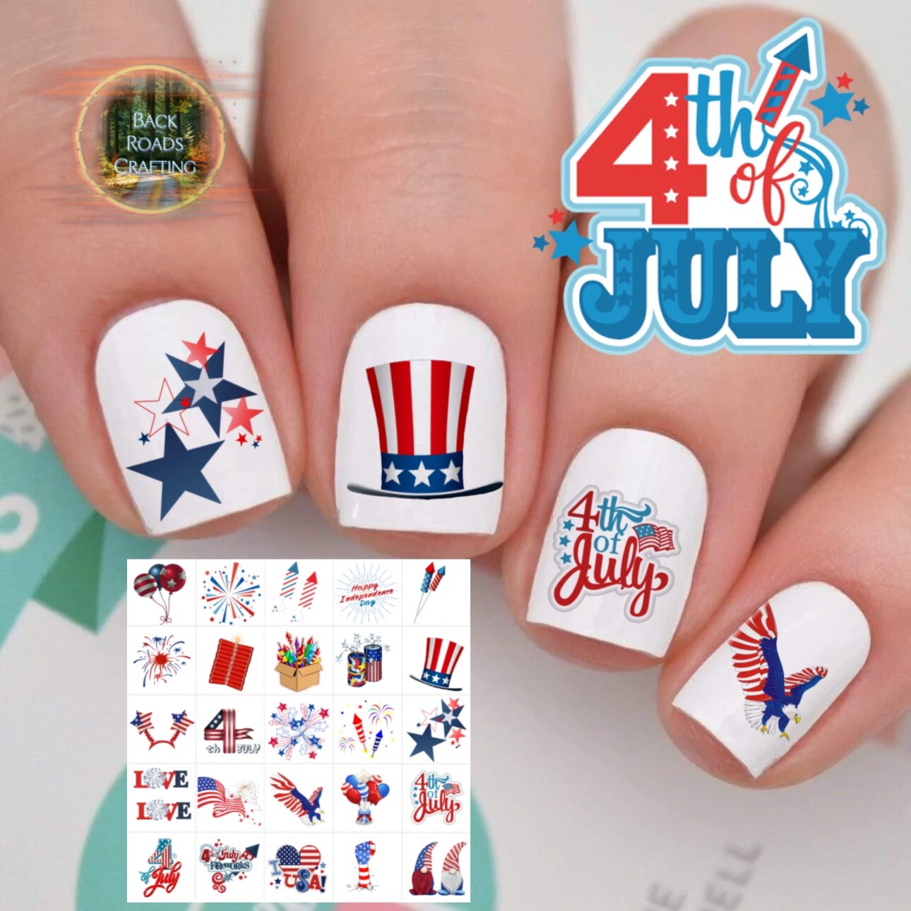 4th Of July Set 3 Waterslide Nail Art Decals Set of 50 Instructions & Bonus