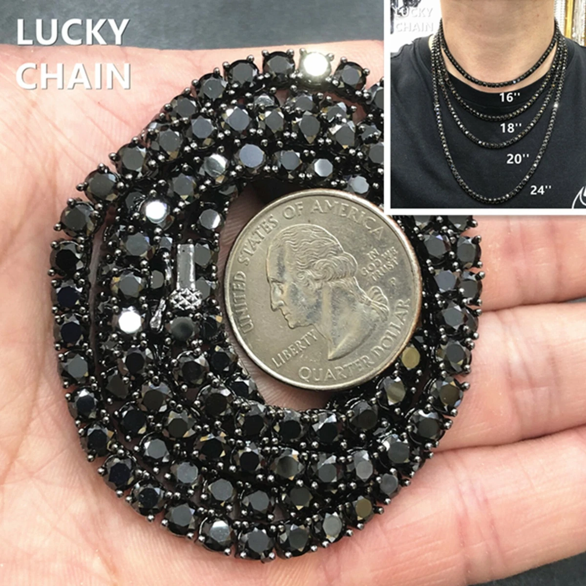 7 24 4MM 14K BLACK GOLD FINISH BLING OUT TENNIS CHAIN NECKLACE