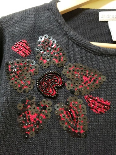 Maglione Natale Abito Donna Fienile Piccolo Nero Rosso Perline Paillettes Floreale - Foto 2 di 7