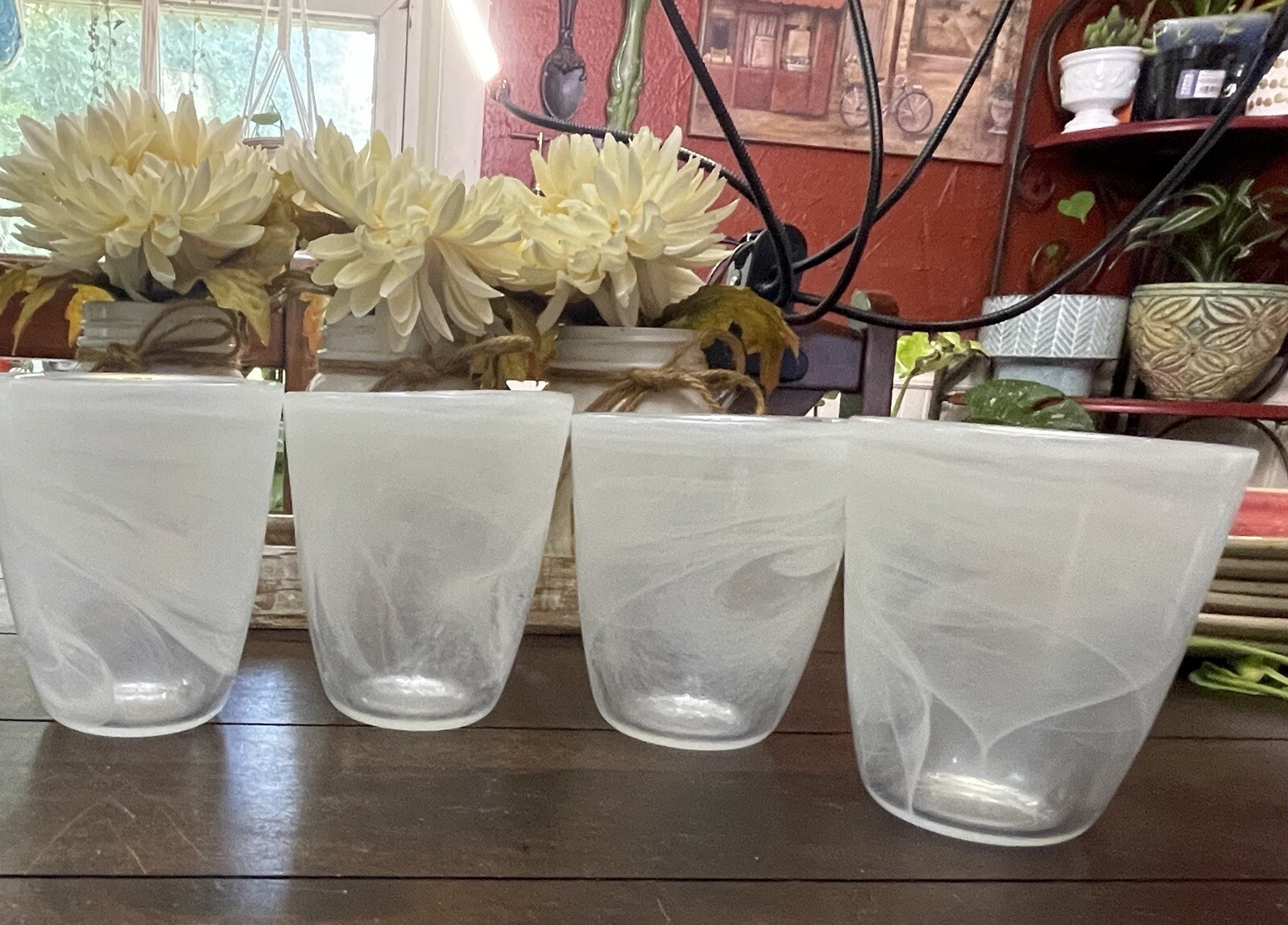 4 White Opal Iridescent Tumbler Glass Glasses 4.25” Very Heavy