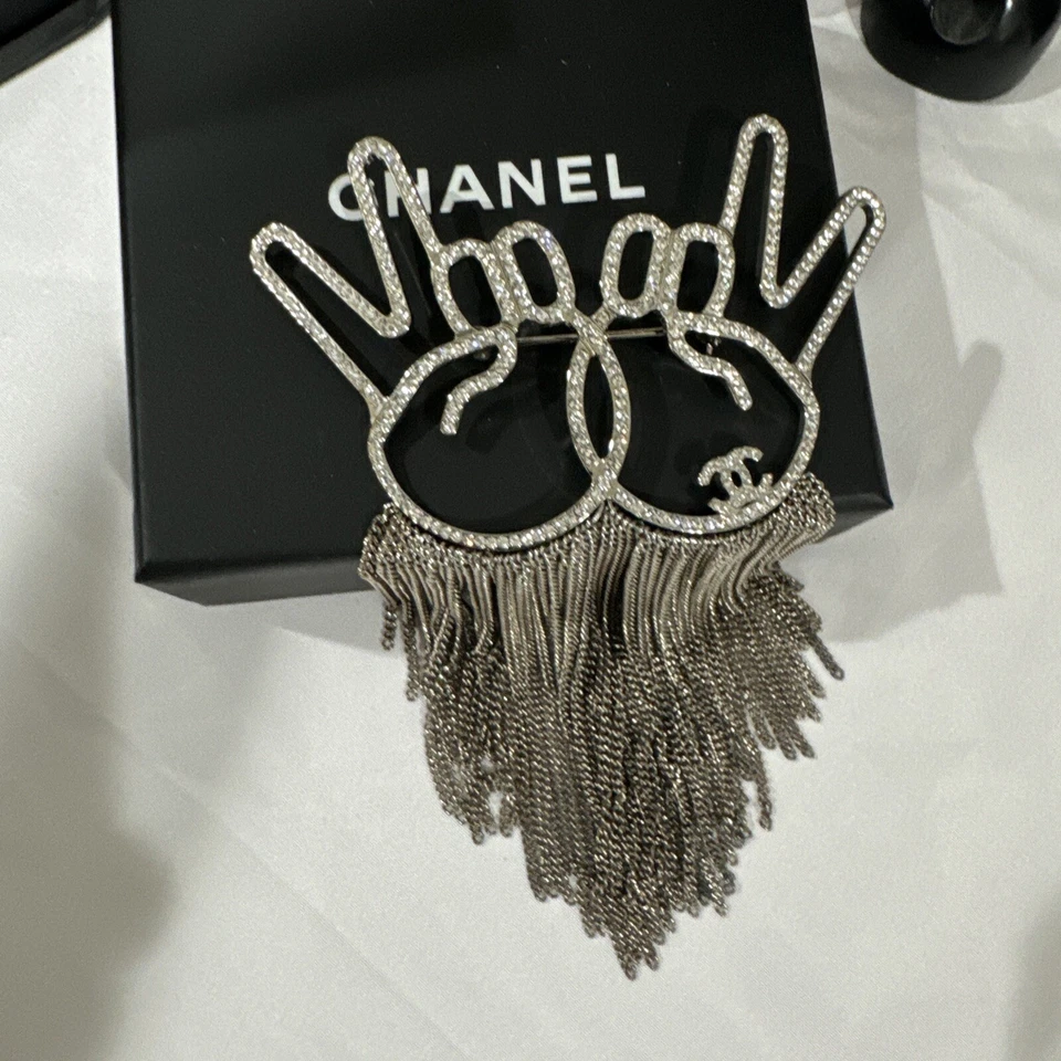 Chanel Extra Large Peace Sign Hands Crystal Brooch Pin With Fringe