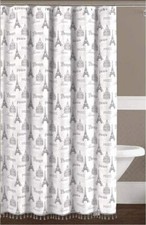 Fabric Shower Curtain Antique Paris Typography Grey White Eiffel Tower