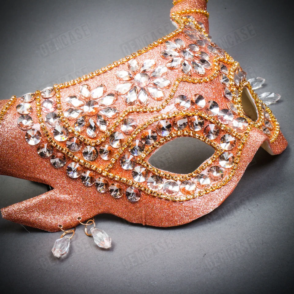 Máscara feminina luxuosa Krampus chifres longos glitter elegante diabo ouro rosa - Imagem 4 de 4