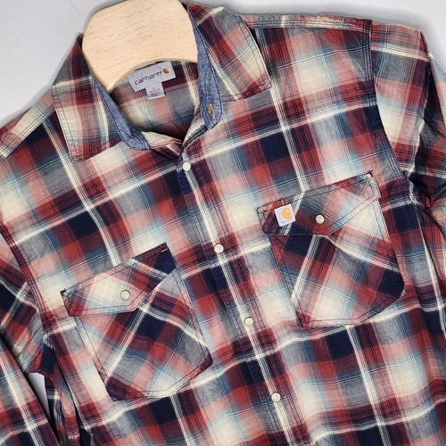 Carhartt Relaxed Fit Men Size L Pearl Snap Button Shirt Regular Plaid Multicolor