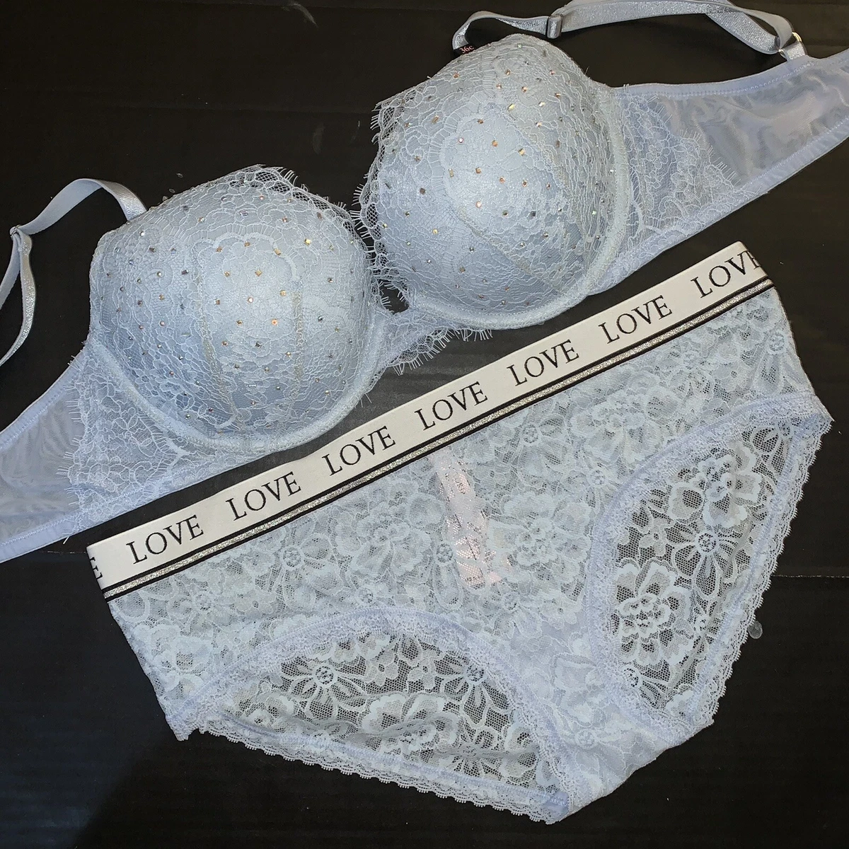 NWT Victoria's Secret 36C BRA SET L banded panty BABY BLUE lace crystallized