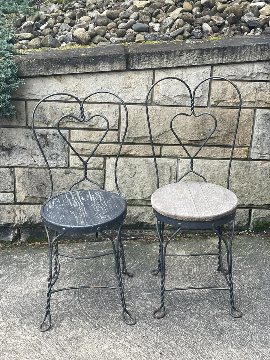 Vtg Wrought Iron Ice Cream Parlor Chair Bar Stool Heart Back Set Of Two