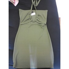 SHEIN Ribbed Halter Mini Dress Womens Small Olive Green Cutout Bodycon Y2K