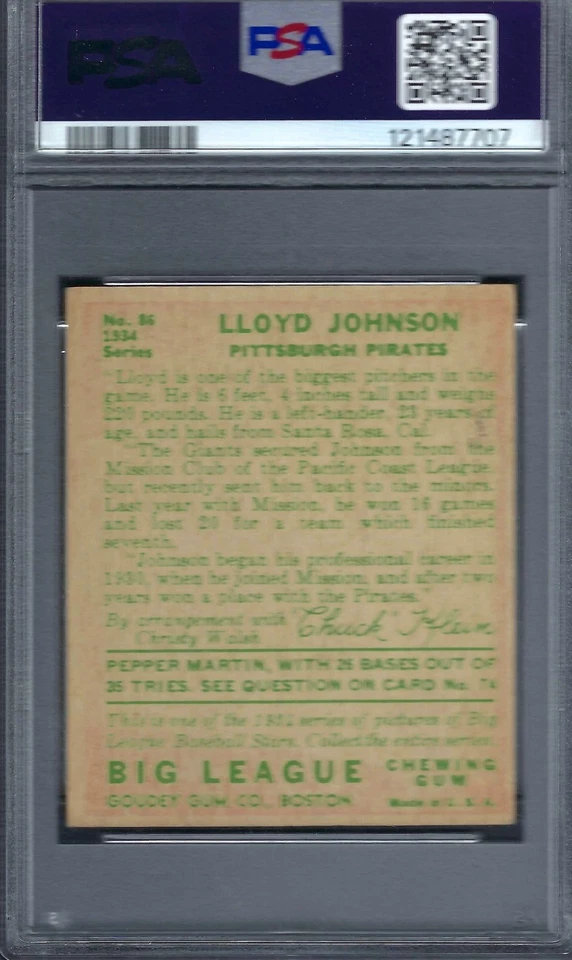 1934 Goudey , Lloyd Johnson, Card # 86, Graded PSA 4 - Image 2 of 2