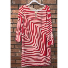 Tahari Arthur S. Levine Red Cream Swirl Print Shift Dress Long Sleeve Size 12