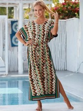 Rayon Wave Print Beach Cover-up Robe Vacation Sun Protection Shirt Bikini Cover