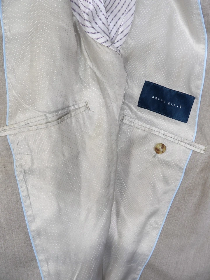 Mens Blazer Sport coat Jacket 42r Perry Ellis Lt Gray Stretch Linen Blend  S#63 - Image 4 of 4