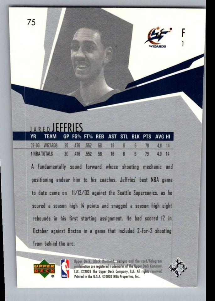 2003-04 Upper Deck Black Diamond Jared Jeffries Washington Wizards #75 - Image 2 of 2