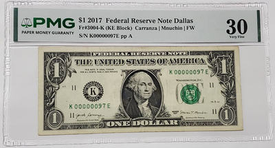 #ad $1 Bill 2017 LOW 2 Digit Serial Number 97 W 6 Lead 0s PMG 30 VF K 00000097 E $249.99