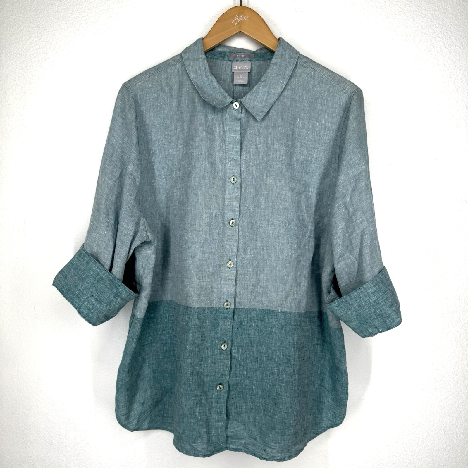 Chicos Linen Colorblock Button Up Shirt Womens Size 16 Oversized Long Coastal