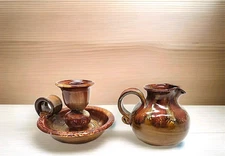 Vintage Dryden Pottery Candle Holder w/ Finger Loop – Signed – Includes Creamer