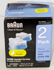 Braun Clean & Renew 2 Pack Refill Cartridges Lemon Fresh Shaver Cleaning Systems