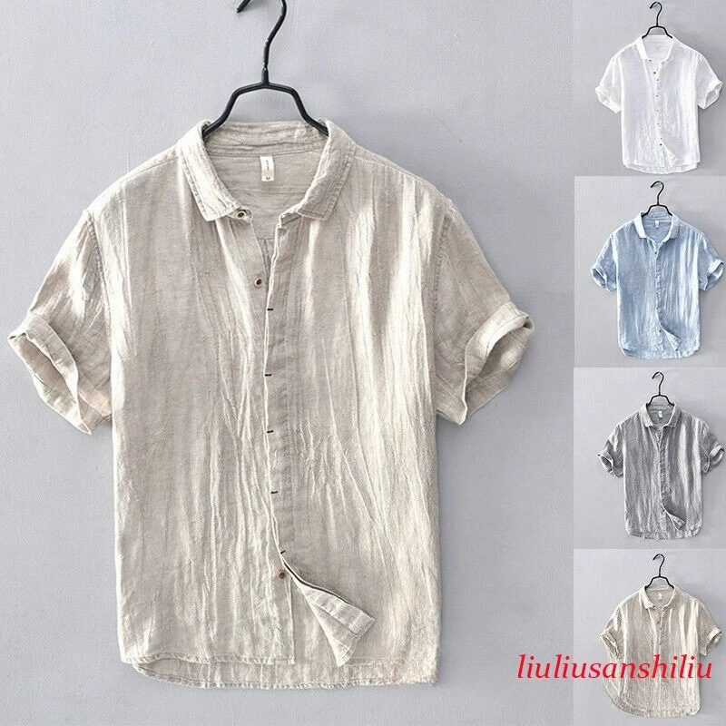 Men 100% Linen Short Sleeve Shirts Summer Casual Button-Down Shirt Tops T-shirts