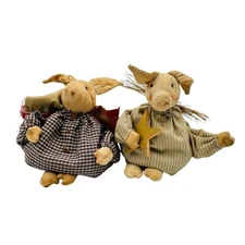 Primitive Mini Rag Doll Set Of 2 Pig Angels Folk Art Artisan Signed 1993