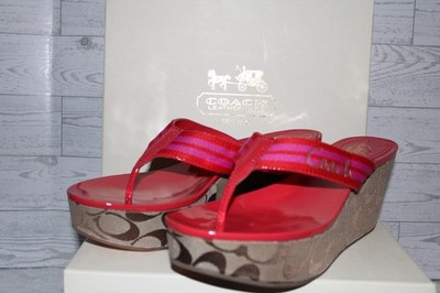 COACH GABRIELA WEDGE SANDALS RARE SZ 10 LOVED WITH BOX MONOGRAM PINK AND RED
