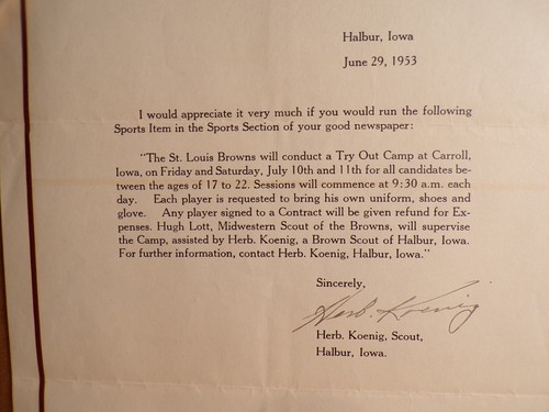 RARE 1953 St Louis Browns Baseball Scout Signed Letter Herb Koenig Halbur Iowa - Picture 3 of 4