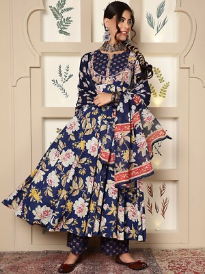 Indian Women Blue Cotton Floral Printed Anarkali Kurta with Palazzos &  Dupatta | eBay
