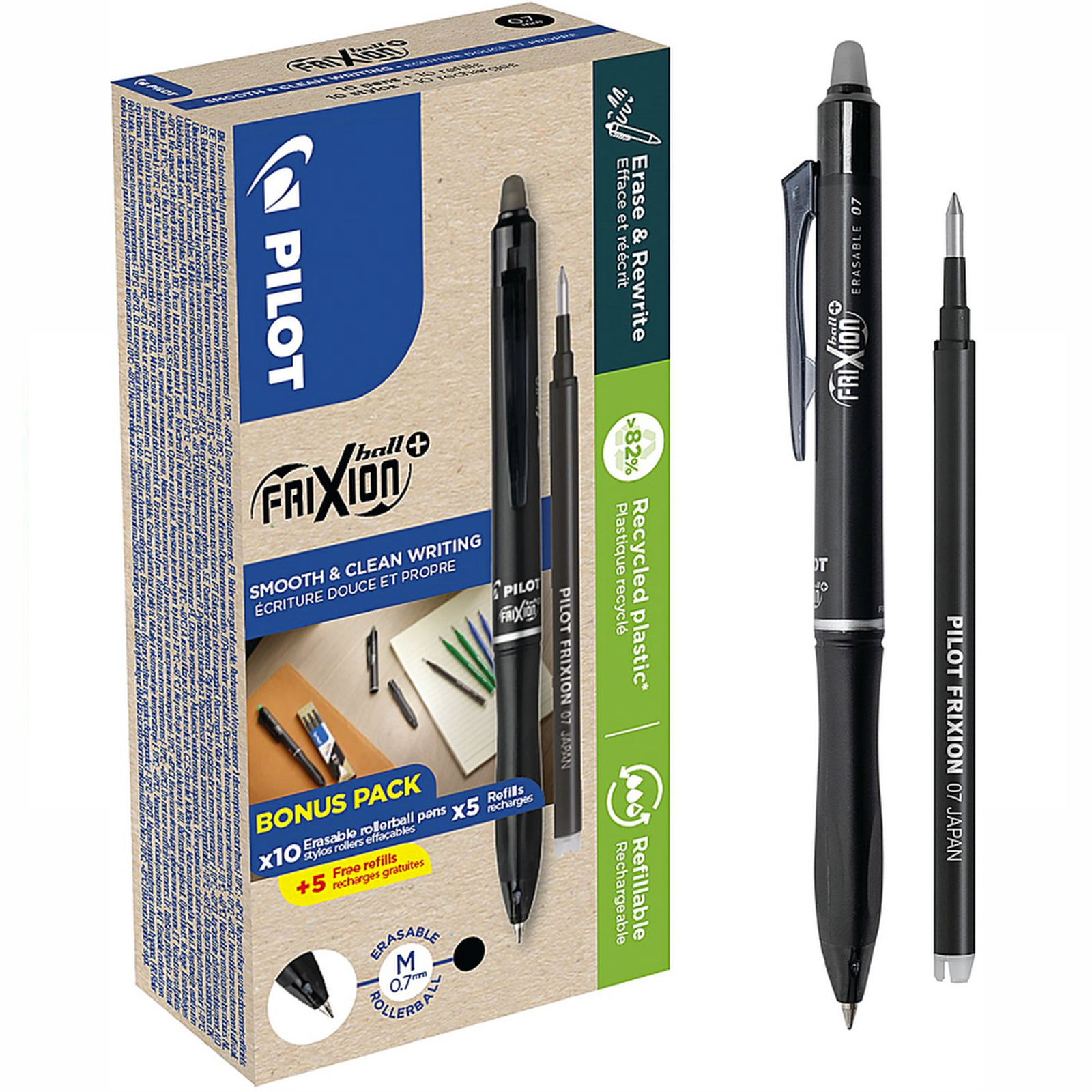 Pilot FriXion Ball Plus Rollerball Pen - Box of 20 Black (10 Pens + 10 Refills)