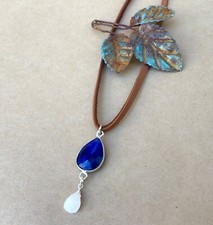 Lapis Moonstone Sundance Charm Necklace leather cord handmade artisan jewelry