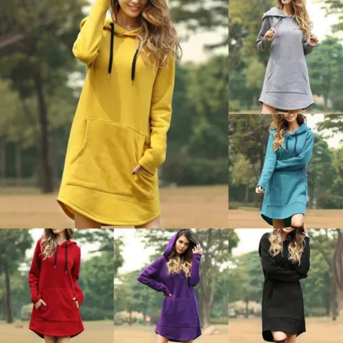 Womens Sweatshirt Hoodie Pullover Dress Pullover Tunic Women Long Solid Color UK - Picture 1 of 18