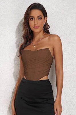 NEW Corset BROWN Size Large Women's Strapless Top Boned Mesh Bustier Zip US 6-8