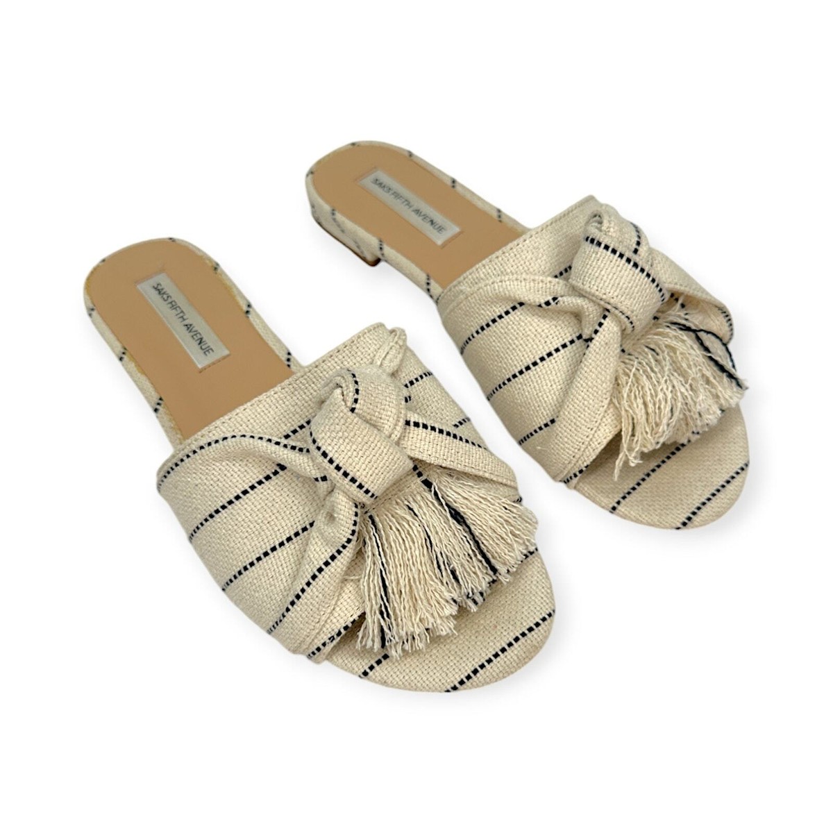 Saks Fifth Avenue 6M Paige Knotted Canvas Pin Stripe Slide Open Toe  Sandals