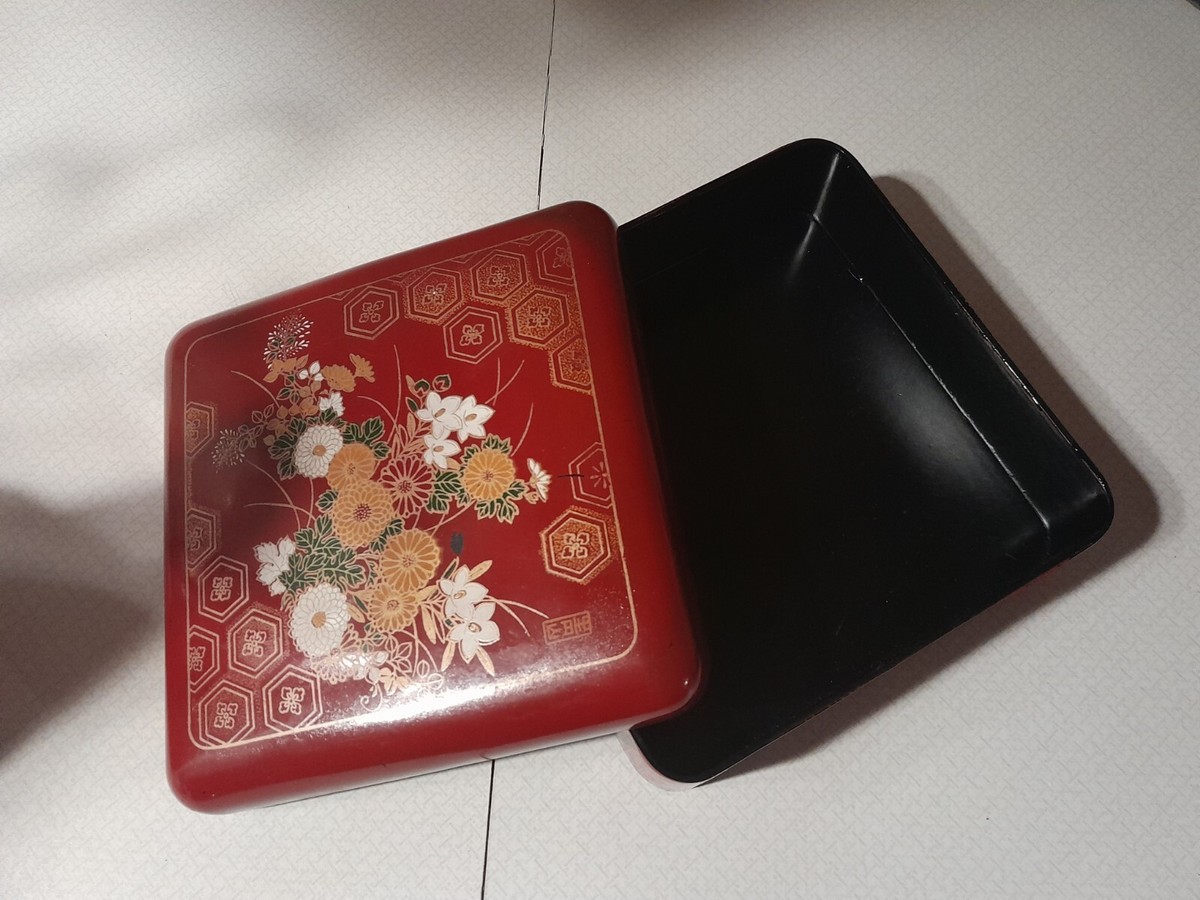 Unique Vintage Japanese Red Lacquer Bento Box Enamel Hand Painted
