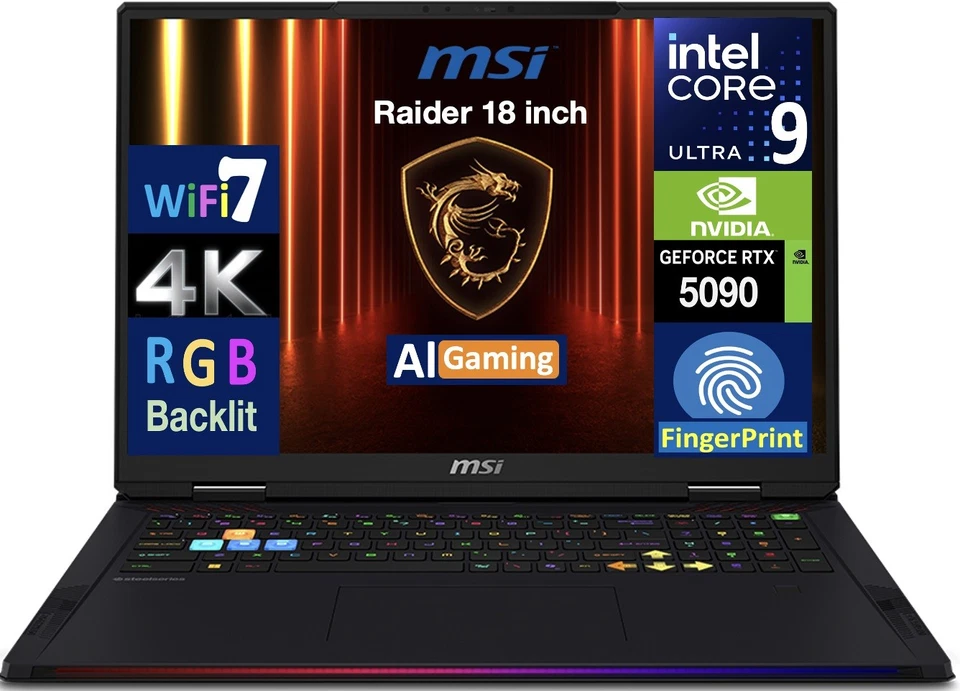 MSI Raider AI 18" Mini LED 4K Intel Ultra 9-285HX 64GB 2TB RTX 5090 W11P Laptop