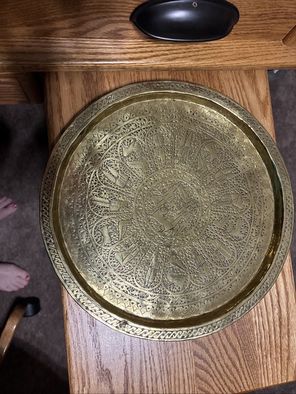 12 Inch Antique Middle Eastern Engraved Brass Tray