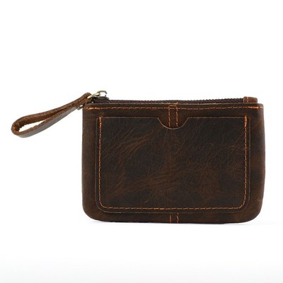 Men Women Crazy Horse Leather Cardholder Wallet Zipper Grocery Stalls Bag