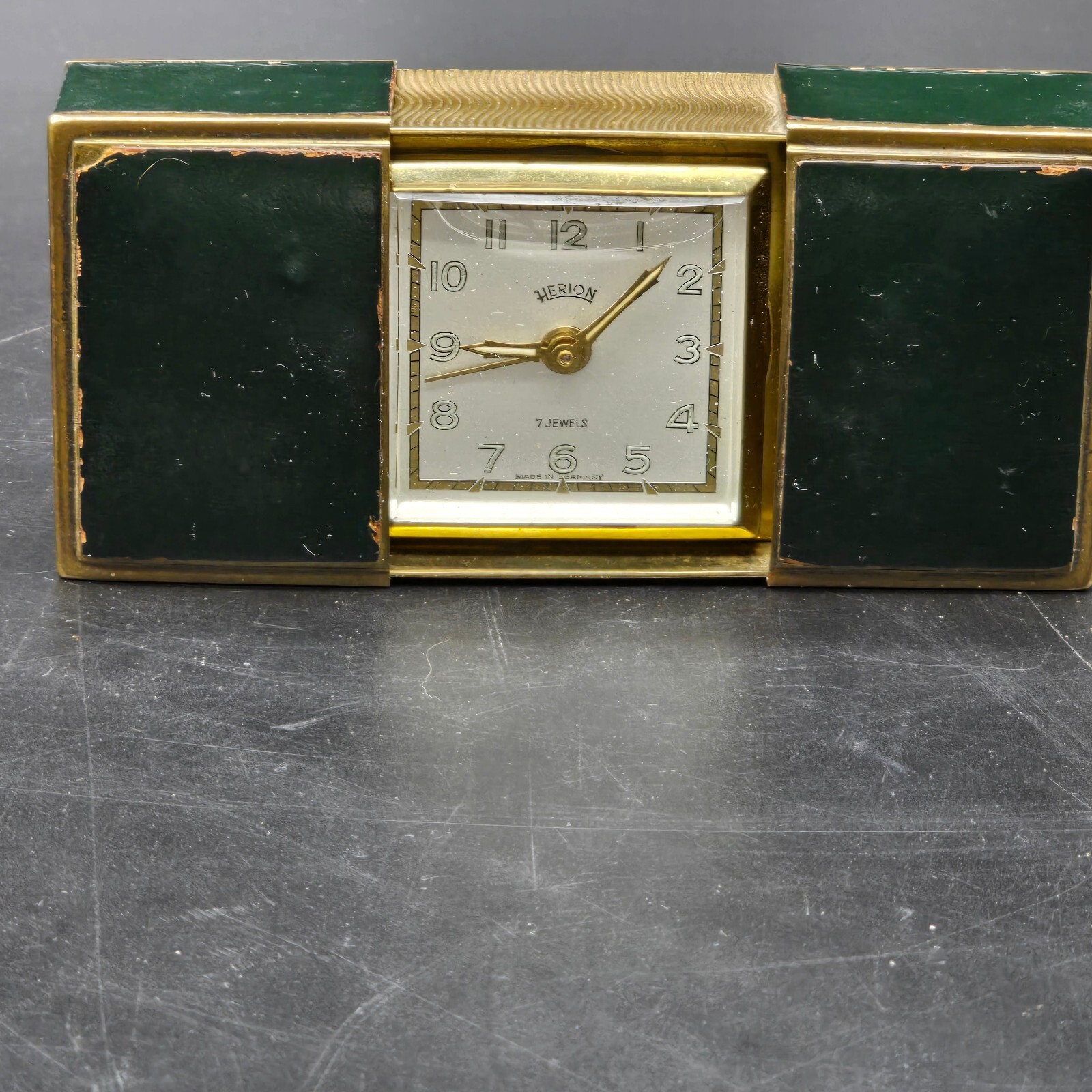 Vintage HERION 7 Jewels Travel Alarm Clock West Germany Mid Century Sliding Case