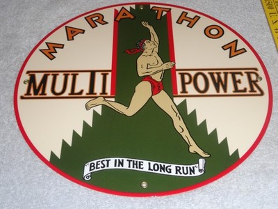 VINTAGE MARATHON MULTI-POWER GASOLINE 1' PORCELAIN METAL GAS OIL SIGN PUMP PLATE
