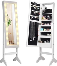 Inside Makeup Mirror Standing Jewelry Armoire with 18 LED Lights Around the Door