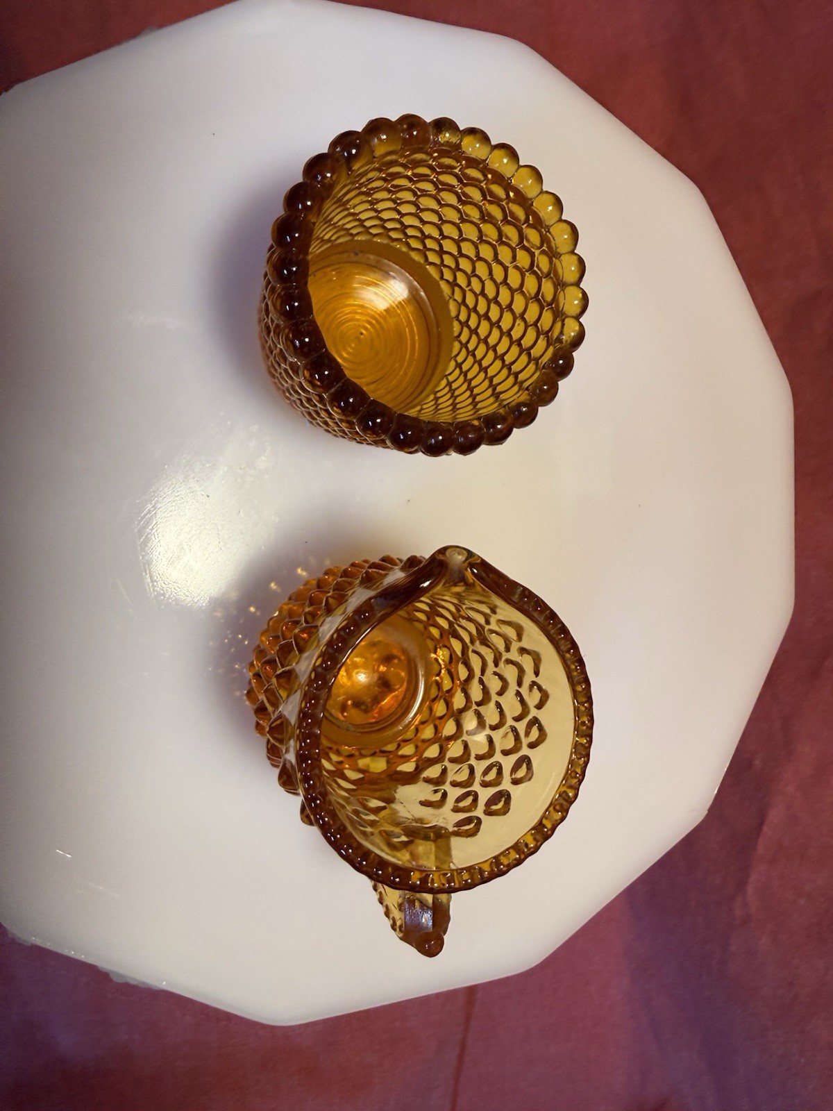 Fenton Amber Glass Hobnail Small Pitcher And Cup